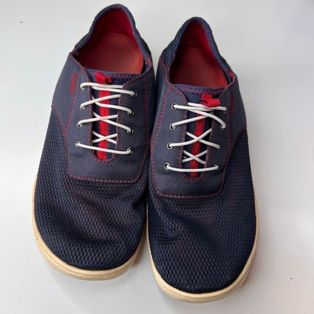 OluKai Men's Nohea Moku boat shoes in a navy blue mesh design